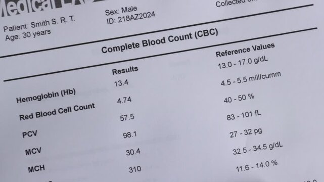 Complete blood count (CBC) test result for a simulated patient and two tubes of blood samples passing in front of the result