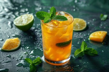 Fototapeta premium Refreshing summer pineapple cocktail with lime, mint, and alcohol on concrete table