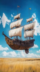 Fototapeta premium A stunning flying ship glides majestically over a golden wheat field under a bright blue sky, blending fantasy with nature's beauty.