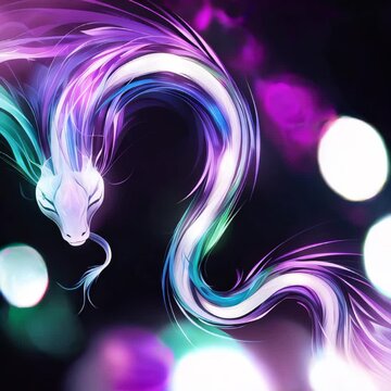 digital illustration of a serpentine dragon in motion with swirling hues of purple, blue, and green neon colors. Intro, Chinese calendar. Snake and dragon, symbol of year