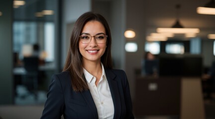 Smiling woman in business attire with glasses in corporate office 