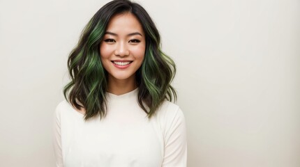 Fototapeta premium Smiling Woman in White Top Glowing with Happy Expression on Light Background 