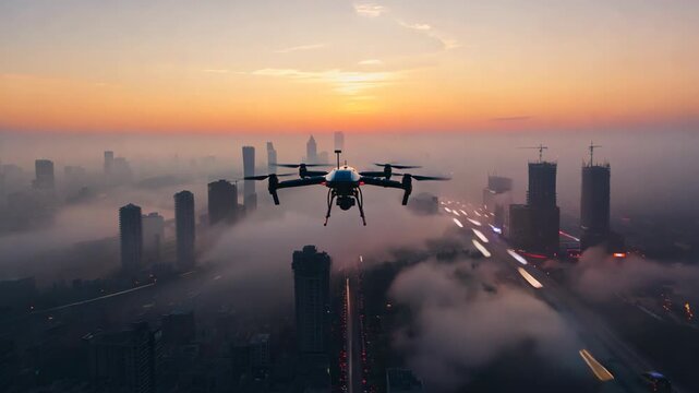 time lapse top view of a flying drone floating over urban cityscape with speed motion blur cars light trail below