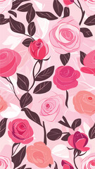 A seamless vertical pattern featuring bold red, pink, and cream roses with dark green leaves on a soft pink background. Perfect for romantic designs, social media, wallpapers, or textiles. Vertical 