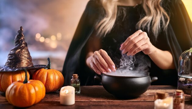 primer plano de una mano de bruja, preparando pociones para halloween