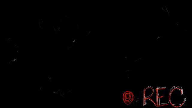 Glitch interference and white thin scratches on the black screen. The effect of an old film at the beginning of the film. Intro clip in 4K with alpha channel. Play, Start and Rec