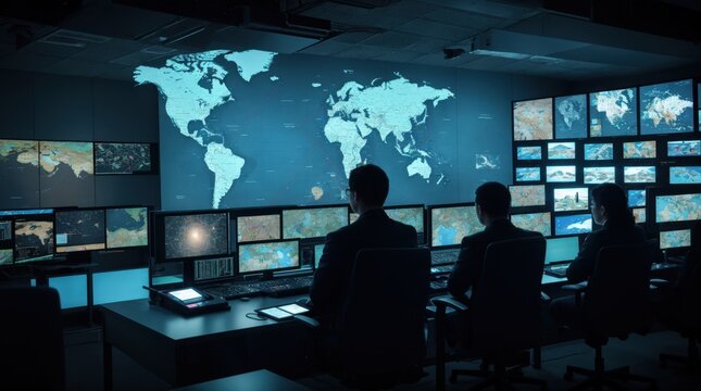 Three individuals overseeing digital global maps and screens within an advanced control center 