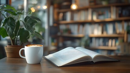 Naklejka premium Photo of a Cup of Coffee, a Book, and a Plant on a Wooden Table