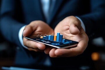 Businessman holding smartphone displaying rising bar chart, symbolizing growth, technology, and financial success.