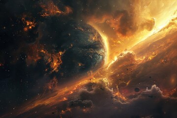 Obraz premium A mesmerizing digital painting of a planet engulfed in a fiery cosmic storm.