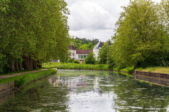 A tranquil scene along the Canal du Loing in Nemours, France, featuring lush greenery and the reflection of a historic building in the calm waters