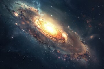 Glowing spiral galaxy with bright center and dark dust lanes in deep space.