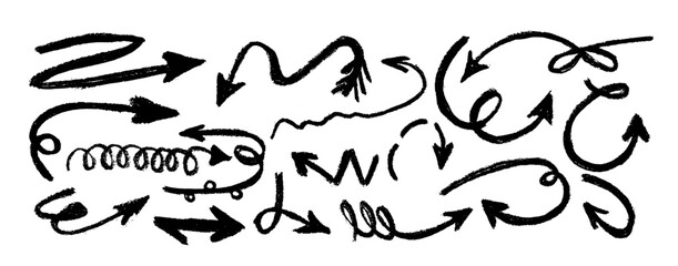 Collection of chalked arrows.  Hand-drawn by brush. Freehand different curved arrows, straight, round, thick, thin, spiral signs and icons.
