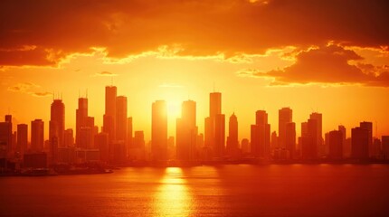 Obraz premium Warm golden hues kissed by a radiant sunset onto the city skyline 