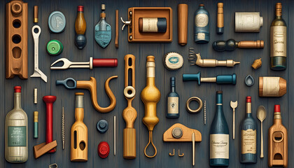 Obraz premium Birda??s-eye view illustration of corkscrews and bottles