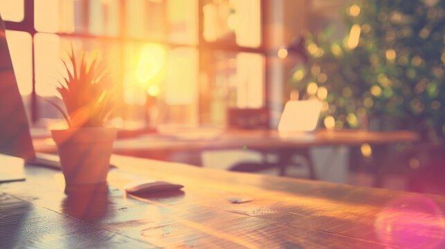 Warm Sunset Light Illuminates a Desk with a Potted Plant