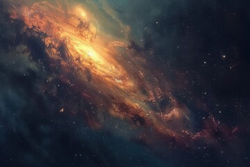 Glowing spiral galaxy with bright center and glowing dust in deep space.