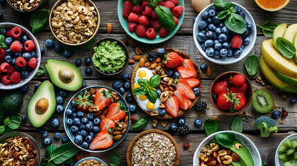 Fototapeta premium healthy food table top view featuring avocado toast, fresh fruits like strawberries and blueberries, bowls of yogurt with granola and nuts, directly above view, all arranged on a rustic wooden table.