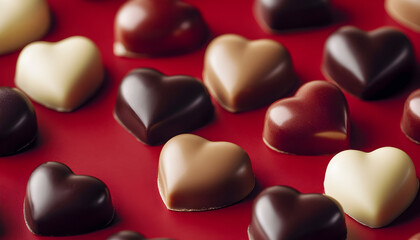 Fototapeta premium Heart-shaped chocolates arranged on a red surface, creating a delightful Valentine's Day illustration