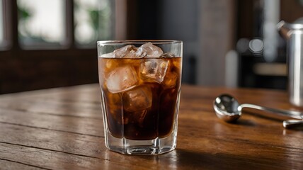 iced americano in a clear glass on the wooden table