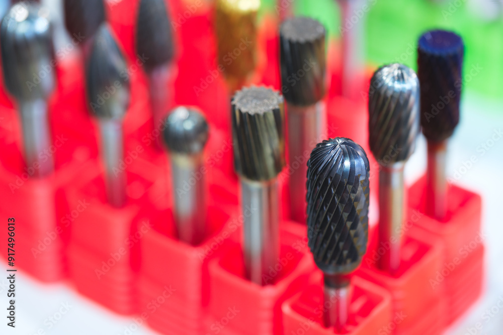 Aufkleber A row of red plastic containers with various colored drill bits inside. The drill bits are of different sizes and colors, and they are arranged in a neat row. Concept of organization and order