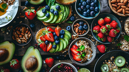 healthy food table top view featuring avocado toast, fresh fruits like strawberries and blueberries, bowls of yogurt with granola and nuts, directly above view, all arranged on a rustic wooden table.