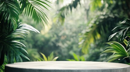 Fototapeta premium A large, round stone platform is surrounded by lush green foliage