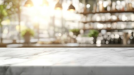 A white marble countertop with a view of a restaurant