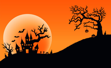 Horizontal Halloween background. Scary spooky festive backdrop. Gradient sky and moon. Castle and scary trees. Graves and pumpkins, bats. Vector.