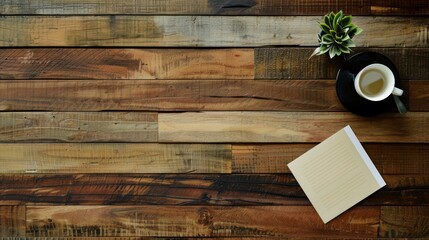 Fototapeta premium Wooden Desk With Coffee And Notebook
