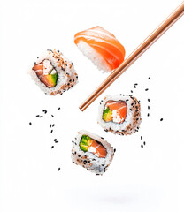 A close up of a sushi roll with avocado and sesame seeds