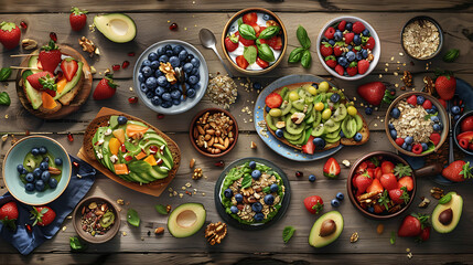 healthy food table top view featuring avocado toast, fresh fruits like strawberries and blueberries, bowls of yogurt with granola and nuts, directly above view, all arranged on a rustic wooden table.