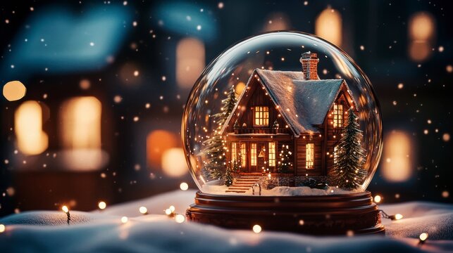 A magical winter landscape in a snow globe with a holiday cottage, creating a fairy tale atmosphere.