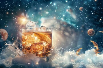 A cosmic cocktail adventure in a starry universe at twilight