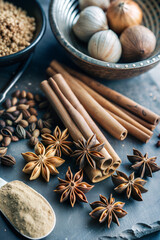 Flat lay of assorted spices, including nutmeg, star anise, and cinnamon, on a dark slate surface