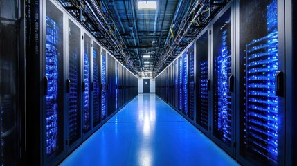 Obraz premium A long hallway with many computer servers