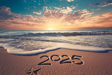 Sunrise at the beach with starfish, gentle waves, '2025' written in the sand, and colorful sky