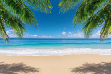 Tropical beach with clear blue waters, soft sandy shores, and lush palm leaves framing the serene ocean view under a bright, cloud-dotted sky. © Alienmonster Images