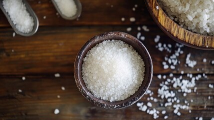 A bowl of salt is on a wooden table