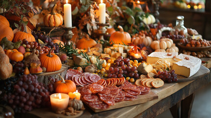 An expansive grazing table overflowing with autumn delights: cured meats, artisanal cheeses, fresh and dried fruits, nuts, olives, and artisan breads