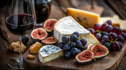 Artisanal cheese board with autumn fruits, honey, and aged wine in rustic elegance A meticulously arranged cheese board showcasing a selection of artisanal cheeses - creamy brie, sharp aged cheddar