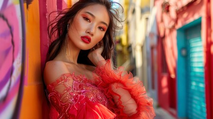 A high-fashion editorial shoot in a vibrant urban set