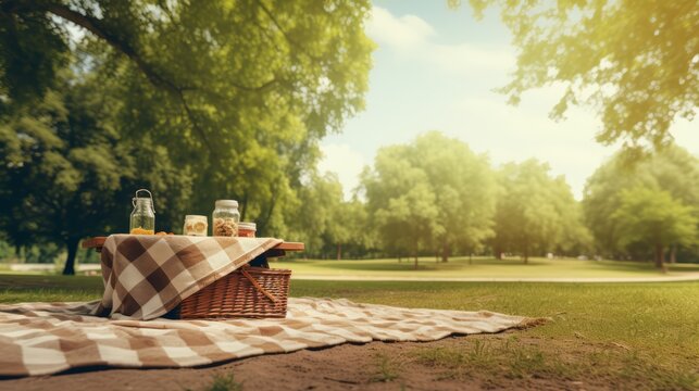 A picnic basket sits on a checkered blanket under a tree in a park.