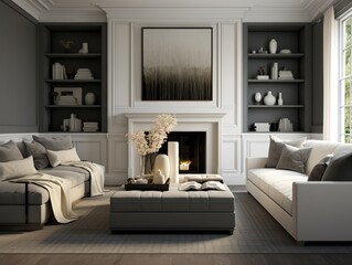 Contemporary living room with fireplace, white sofa, and gray ottoman, decorated with dried flowers and books on shelves.