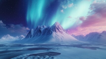 Snowy Mountains Under the Northern Lights