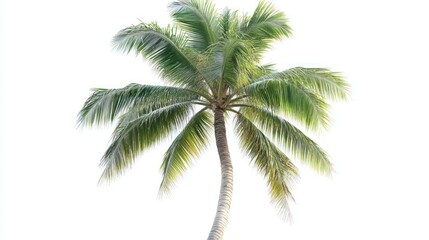 A palm tree is standing tall and alone on a white background