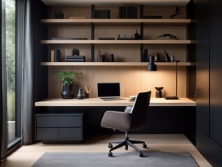 Minimalist home office with a wooden desk, black office chair, and a laptop computer.