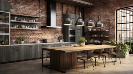 Modern kitchen with exposed brick walls, wood cabinets, a large window, a wooden table, and black metal chairs.