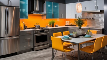 Modern kitchen with stainless steel appliances, an orange backsplash, and a dining table with yellow chairs.