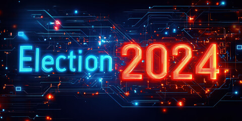 Futuristic 2024 election concept with neon circuitry.Generative AI
